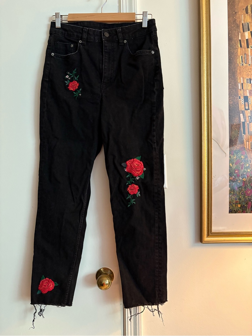 H&M Black High-Rise Jeans with Red Rose Embroidery